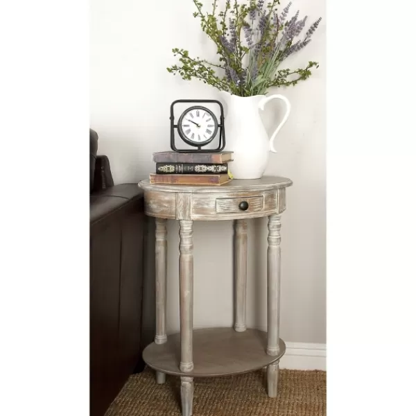 Accent & End Tables-Kirkland's Home Oval Washed Pine Wood Side Table White