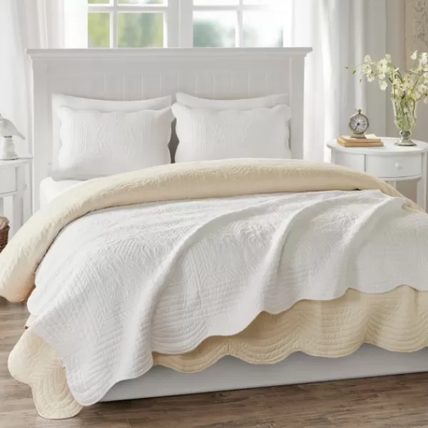 Blankets & Throws-Kirkland's Home Oversized Quilted Scalloped Edge Throw Ivory