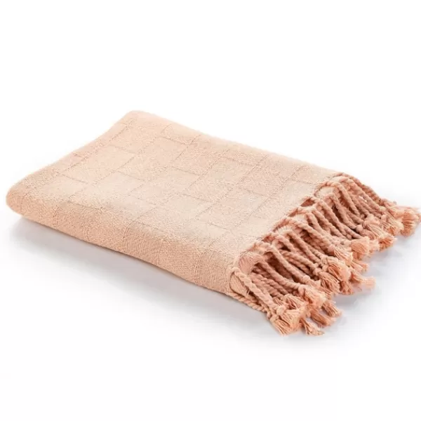 Blankets & Throws-Kirkland's Home Peach Checkered Weave Fringe Throw Pink