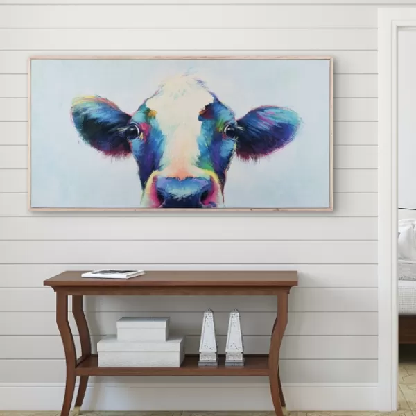 Framed Art-Kirkland's Home Peek A Moo Natural Wood Framed Art Print Blue/White/Black