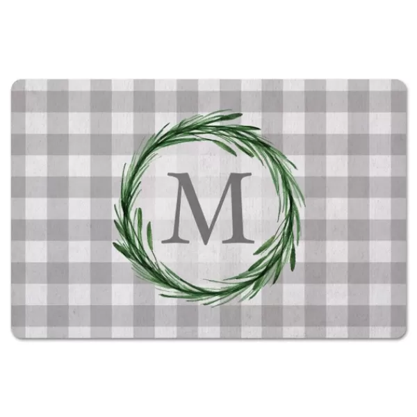 Kitchen & Floor Mats-Kirkland's Home Personalized Gray Buffalo Check Wreath Kitchen Mat Gray/White