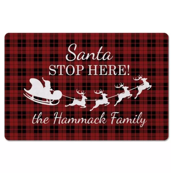 Kitchen & Floor Mats-Kirkland's Home Personalized Plaid Santa Stop Here Kitchen Mat Red/White