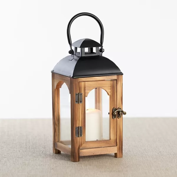 Lanterns-Kirkland's Home Pine Wood And Black Metal Lantern, 11 In. Brown/Black