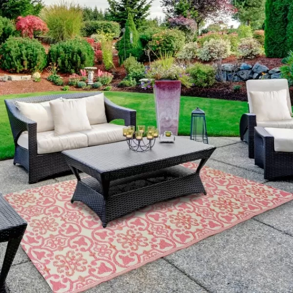 Outdoor Rugs-Kirkland's Home Pink And Cream Floral Tile Outdoor Area Rug, 4X6 Pink/Tan