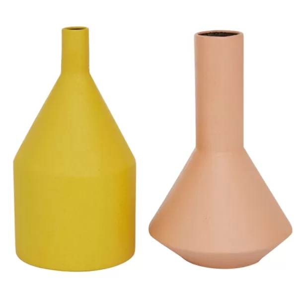 Vases-Kirkland's Home Pink And Yellow Metal Geometric Vases, Set Of 2 Pink/Yellow