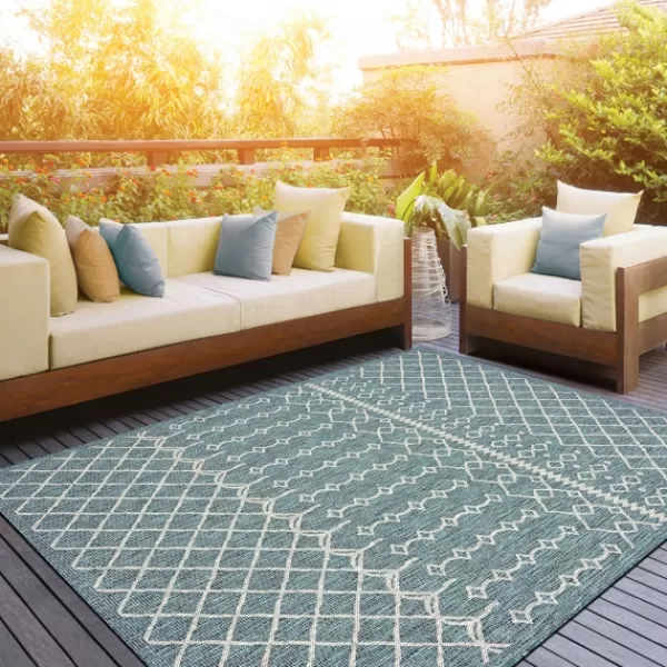 Outdoor Rugs-Kirkland's Home Placid Portico Sun Shower Outdoor Area Rug, 5X8 Blue/Ivory