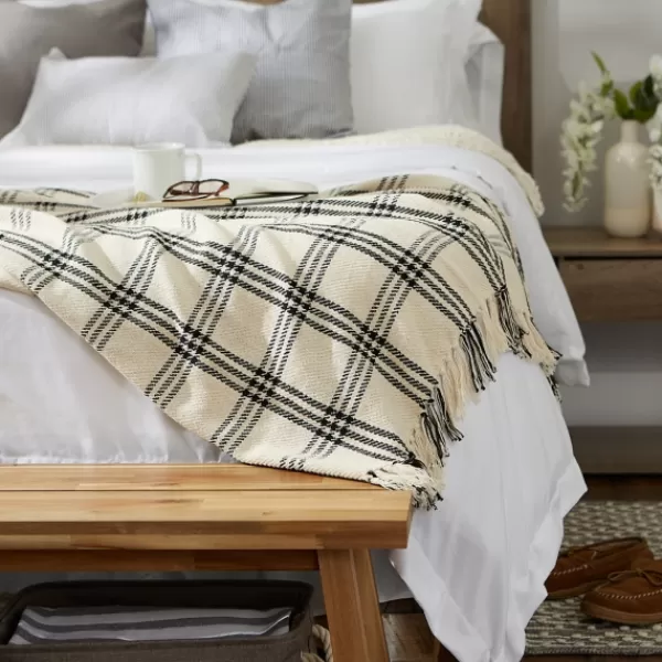 Blankets & Throws-Kirkland's Home Plaid Fringe Throw Black