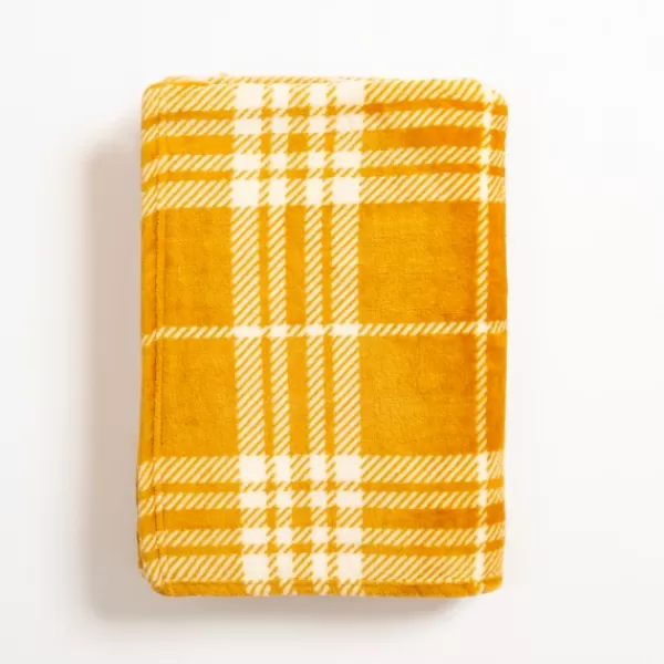 Blankets & Throws-Kirkland's Home Plush Ochre Plaid Throw Yellow