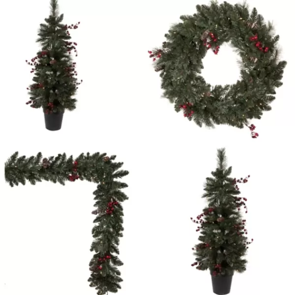 Arrangements & Greenery-Kirkland's Home Pre-Lit 4-Pc. Outdoor Christmas Greenery Set Green/Red