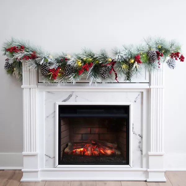 Arrangements & Greenery-Kirkland's Home Pre-Lit Pine Cone And Berry Flocked Garland Red/Green