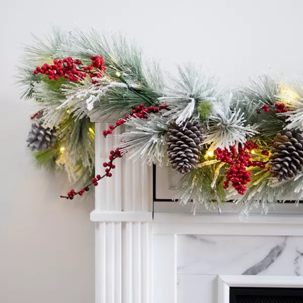 Arrangements & Greenery-Kirkland's Home Pre-Lit Pine Cone And Berry Flocked Garland Red/Green