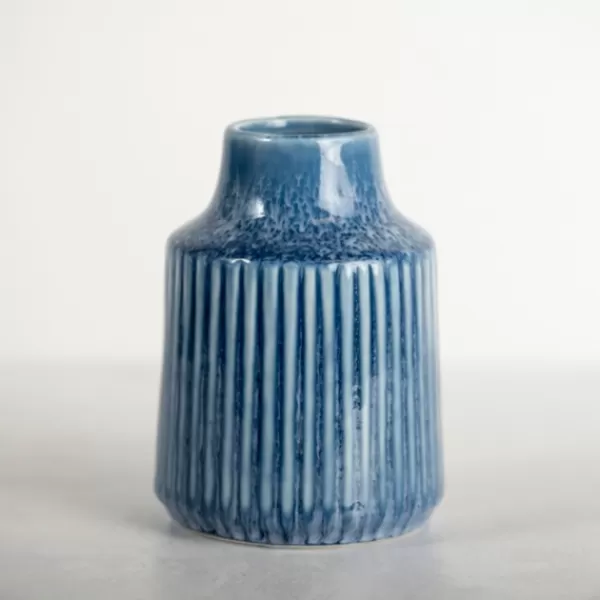 Vases-Kirkland's Home Reactive Ribbed Vase, 6 In. Blue