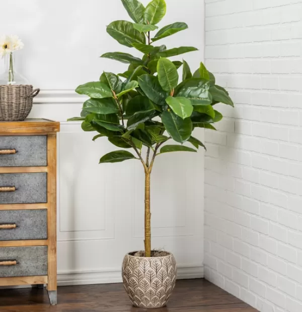 Trees & Topiaries-Kirkland's Home Real Touch Rubber Tree In Black Pot, 4 Ft.