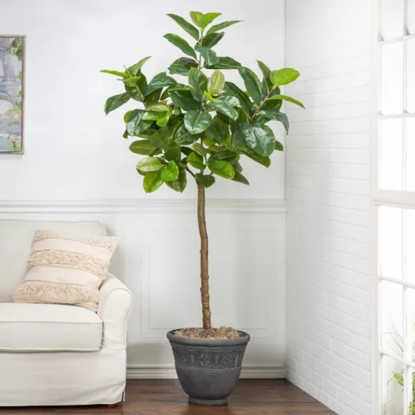 Trees & Topiaries-Kirkland's Home Real Touch Rubber Tree In Black Pot, 6 Ft.