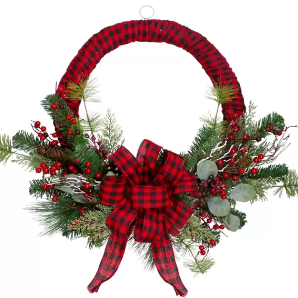 Wreaths-Kirkland's Home Red And Black Buffalo Check Pine And Berry Wreath Red/Black/Green