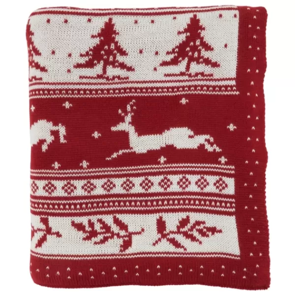 Blankets & Throws-Kirkland's Home Red And White Stripe Reindeer Christmas Knit Throw Red/White/Ivory