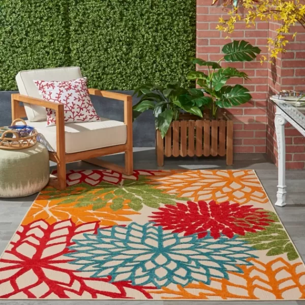 Outdoor Rugs-Kirkland's Home Red Bright Floral Burst Outdoor Area Rug, 5X7 Red/Blue/Orange