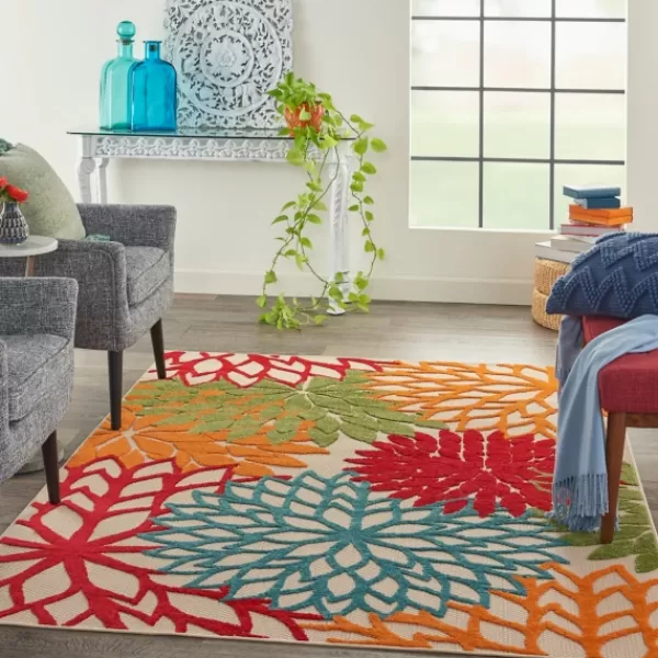 Outdoor Rugs-Kirkland's Home Red Bright Floral Burst Outdoor Area Rug, 5X7 Red/Blue/Orange