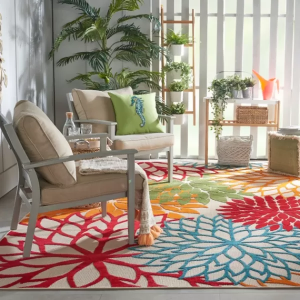 Outdoor Rugs-Kirkland's Home Red Bright Floral Burst Outdoor Area Rug, 7X10 Red/Orange/Blue