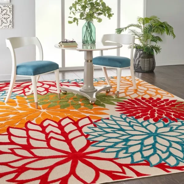 Outdoor Rugs-Kirkland's Home Red Bright Floral Burst Outdoor Area Rug, 7X10 Red/Orange/Blue