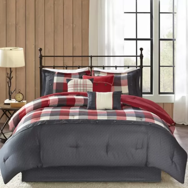 Comforters-Kirkland's Home Red Buffalo Check King 7-Pc. Comforter Set Red/White/Gray