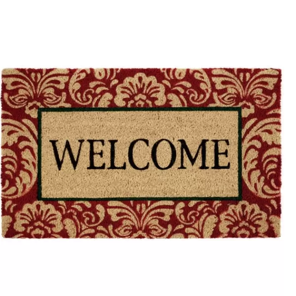 Doormats-Kirkland's Home Red Damask Welcome Coir Doormat Tan/Red