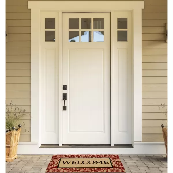 Doormats-Kirkland's Home Red Damask Welcome Coir Doormat Tan/Red