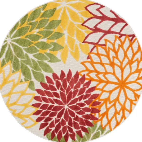 Outdoor Rugs-Kirkland's Home Red Floral Burst Outdoor Round Area Rug, 5 Ft. Red/Orange/Green