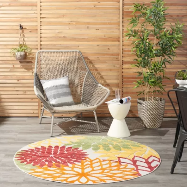 Outdoor Rugs-Kirkland's Home Red Floral Burst Outdoor Round Area Rug, 5 Ft. Red/Orange/Green