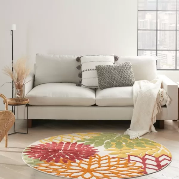 Outdoor Rugs-Kirkland's Home Red Floral Burst Outdoor Round Area Rug, 5 Ft. Red/Orange/Green