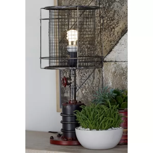 Table Lamps-Kirkland's Home Red Iron Cage Shade Edison Table Lamp Black