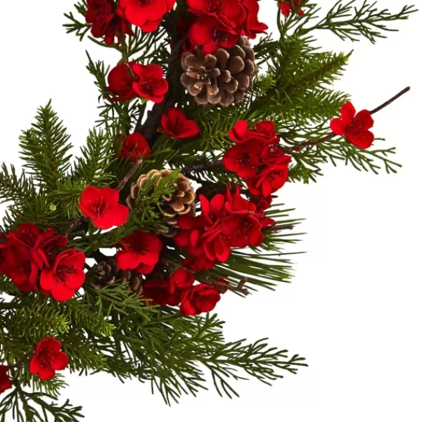 Wreaths-Kirkland's Home Red Plum Blossom Pinecone Wreath, 24 In. Green/Red