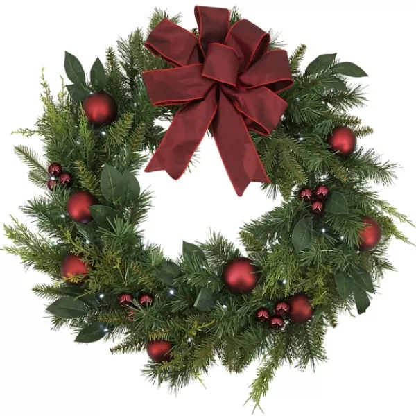 Wreaths-Kirkland's Home Red Velvet Ribbon And Ornaments Pre-Lit Wreath Green/Red