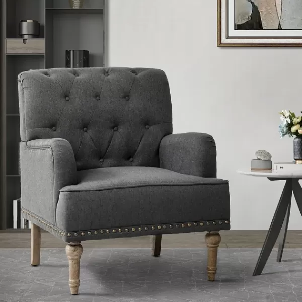 Accent Chairs-Kirkland's Home Reginald Charcoal Button Tufted Armchair Gray