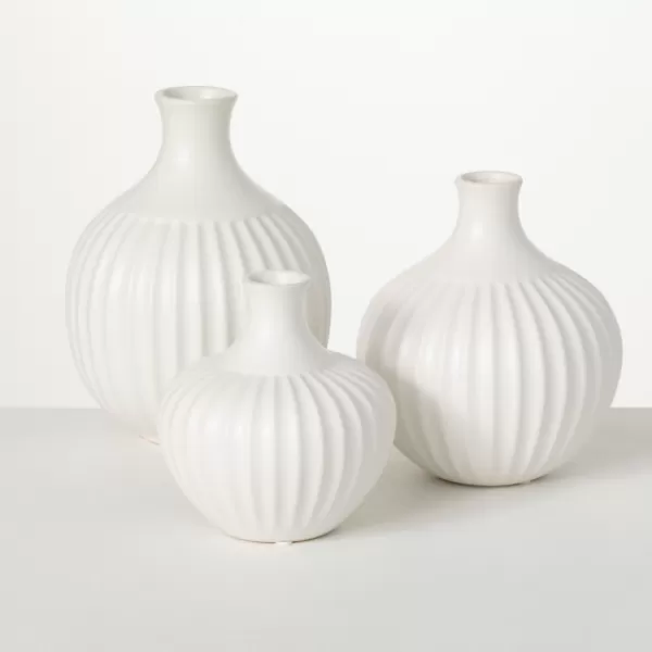 Vases-Kirkland's Home Ribbed Ceramic Bottle Vases, Set Of 3 White