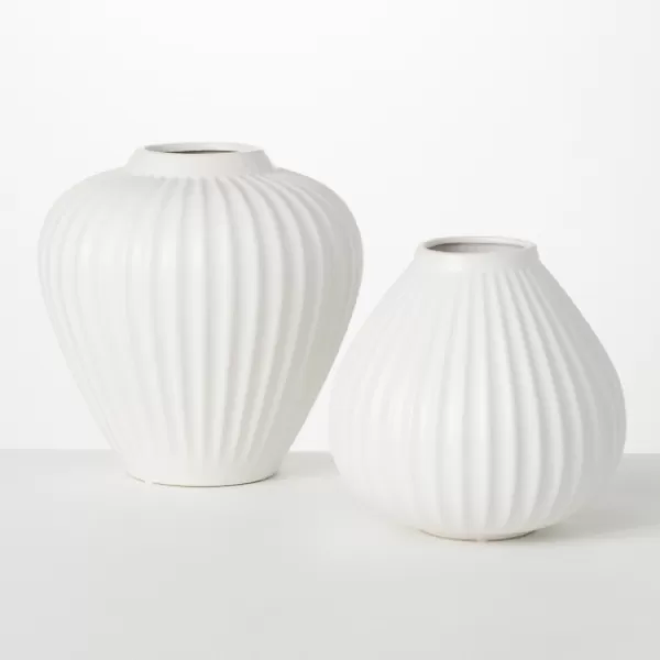 Vases-Kirkland's Home Ribbed Teardrop Vases, Set Of 2 White