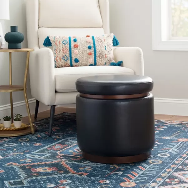 Benches & Ottomans-Kirkland's Home Round Faux Leather Storage Ottoman Black