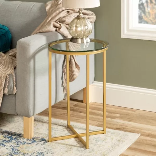 Accent & End Tables-Kirkland's Home Round Gold Metal And Glass Side Table Gold/White