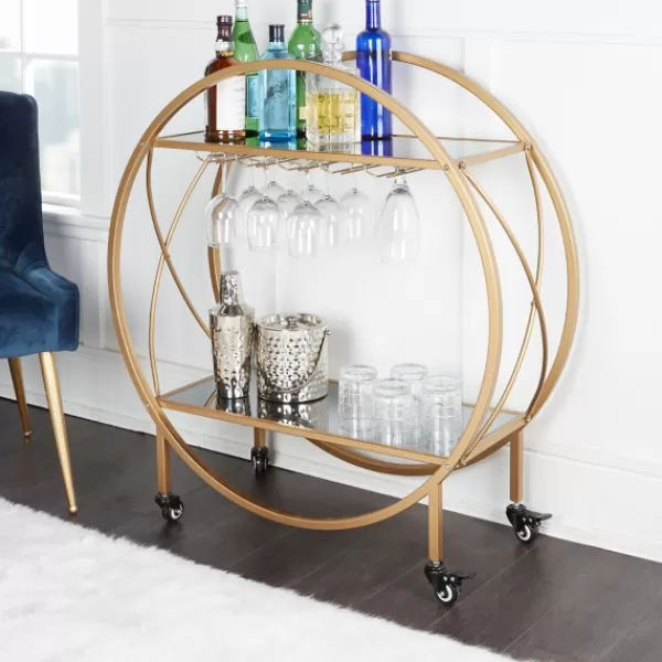 Kitchen Islands & Bar Carts-Kirkland's Home Round Gold Mirrored Shelves Bar Cart