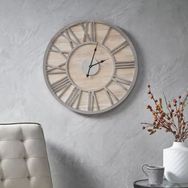 Clocks-Kirkland's Home Round Gray And Natural Wooden Wall Clock