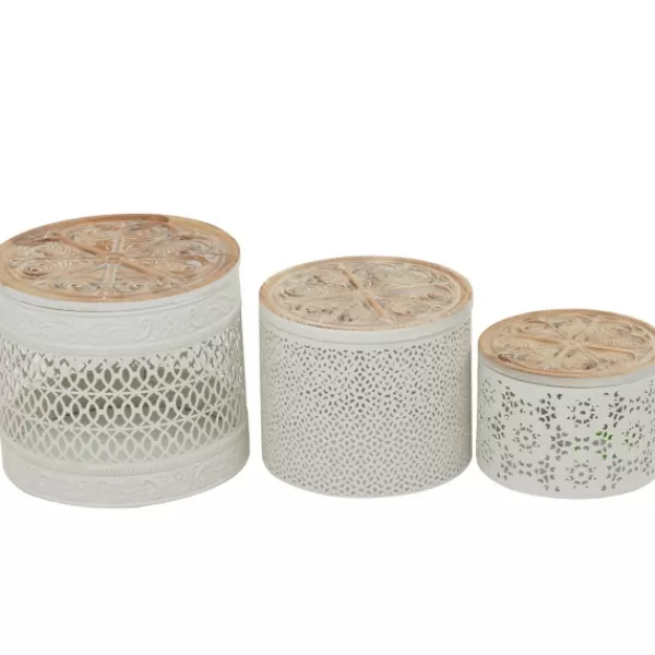 Baskets & Boxes-Kirkland's Home Round Intricate Laser Cut Boxes, Set Of 3 White