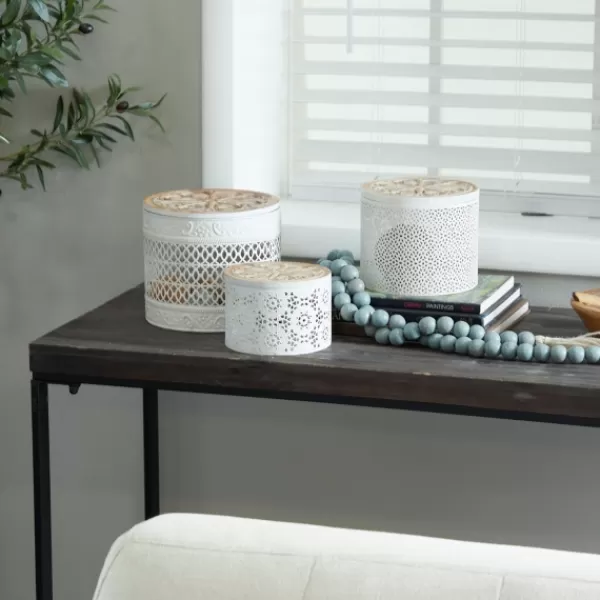 Baskets & Boxes-Kirkland's Home Round Intricate Laser Cut Boxes, Set Of 3 White