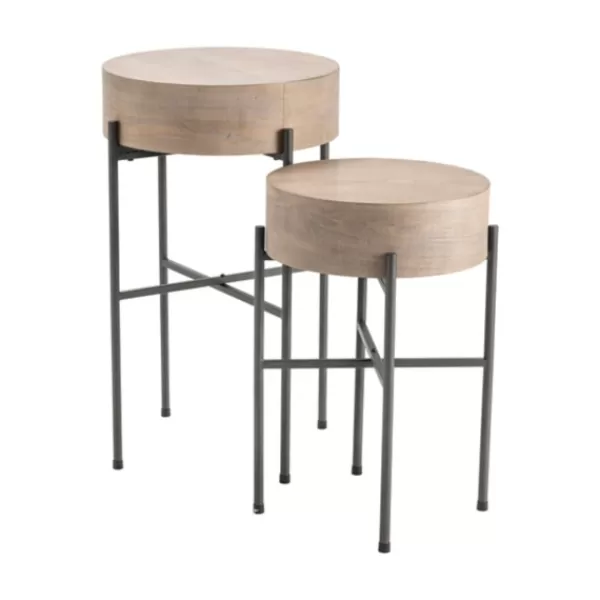 Accent & End Tables-Kirkland's Home Round Light Wood And Metal Accent Tables, Set Of 2 Tan