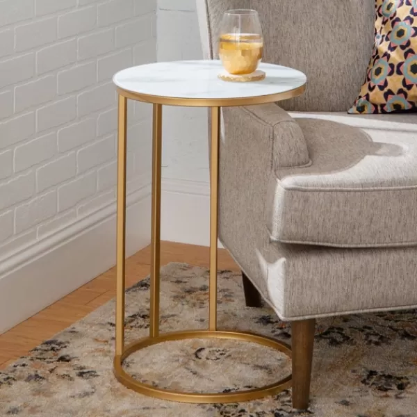 Accent & End Tables-Kirkland's Home Round Marble And Gold C-Table White