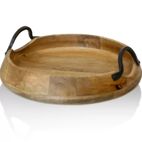 Decorative Trays-Kirkland's Home Round Rustic Metal Handle Wooden Tray Brown/Black