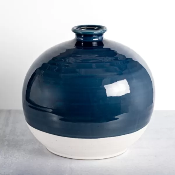 Vases-Kirkland's Home Round Satin Stoneware Vase, 11 In. Blue