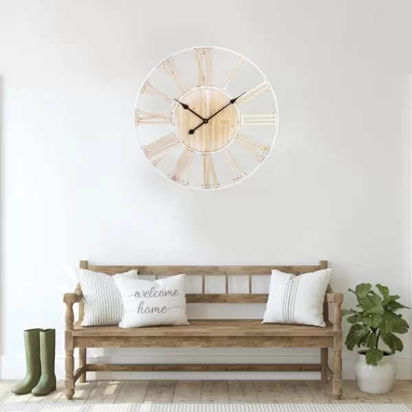 Clocks-Kirkland's Home Round White Metal And Wood Wall Clock