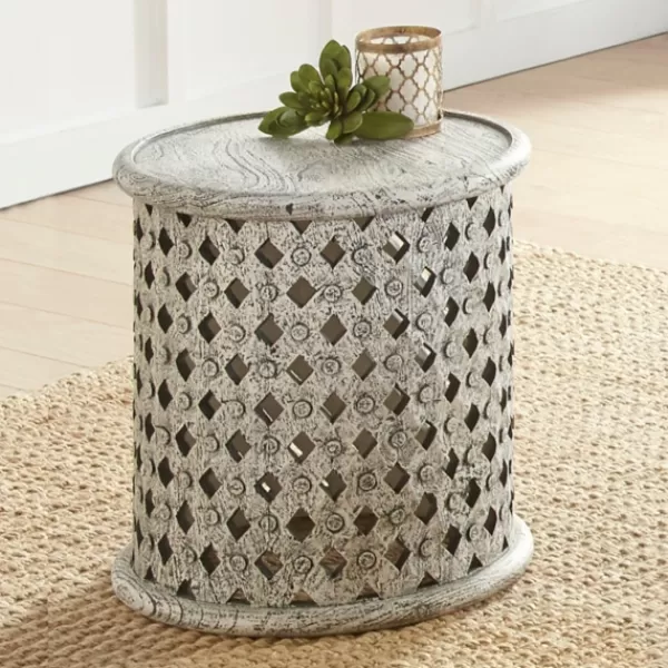 Accent & End Tables-Kirkland's Home Round White Wood Lattice Accent Table