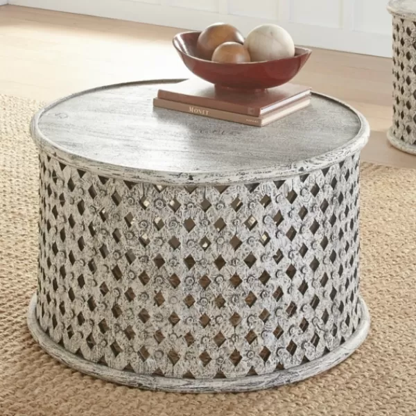 Coffee Tables-Kirkland's Home Round White Wood Lattice Coffee Table