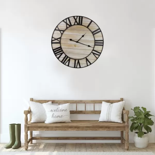 Clocks-Kirkland's Home Round Whitewashed Metal Frame Wall Clock